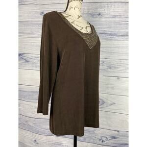 Chicos 1 Travelers Embellished Top Womens M 8 Scoop Neck Slinky Stretch Long Slv